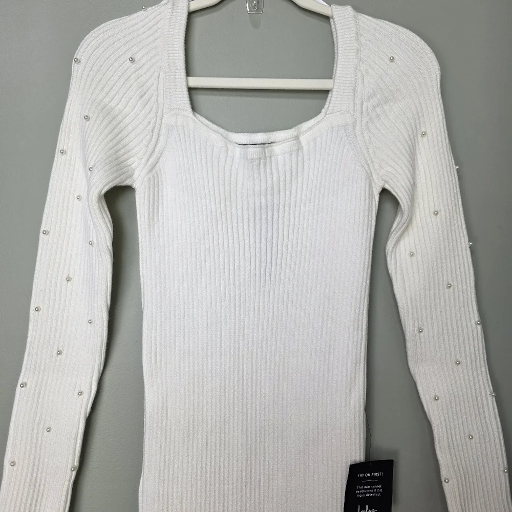 Lulus L Gleaming Babe White Ribbed Knit Pearl Midi Sweater Dress, Size Large